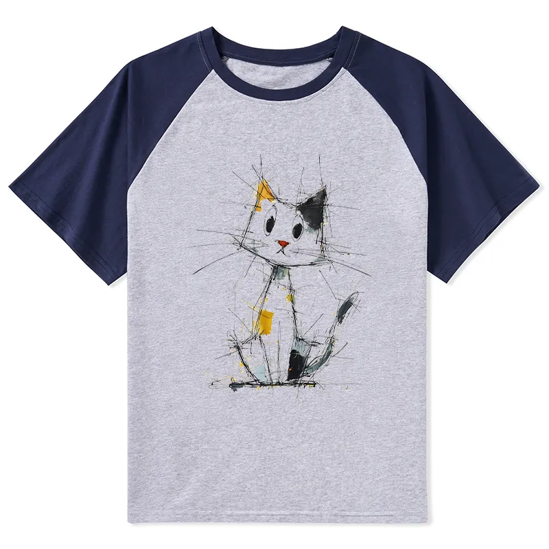 Tokyo-Tiger Minimal Splash Ink Cute Cat Raglan T-shirt