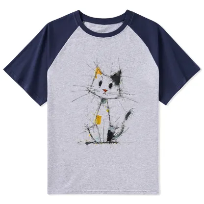 Tokyo-Tiger Minimal Splash Ink Cute Cat Raglan T-shirt