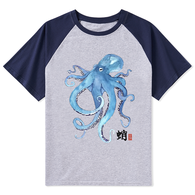 Tokyo-Tiger Watercolor Blue Octopus Raglan T-shirt