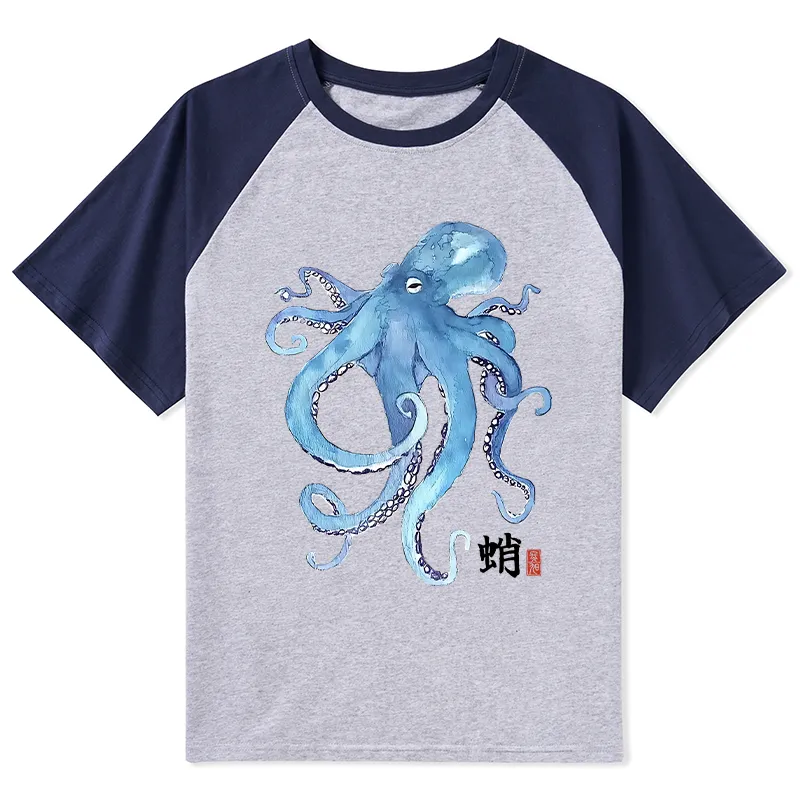 Tokyo-Tiger Watercolor Blue Octopus Raglan T-shirt