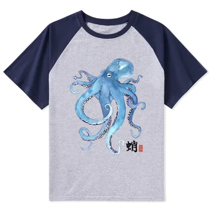 Tokyo-Tiger Watercolor Blue Octopus Raglan T-shirt