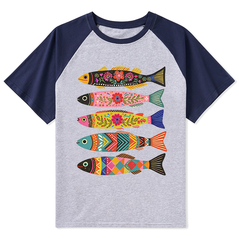 Tokyo-Tiger Colorful Patterned Fish Raglan T-shirt
