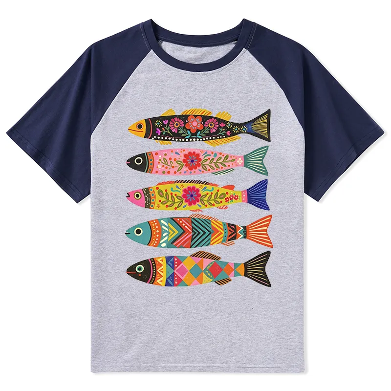 Tokyo-Tiger Colorful Patterned Fish Raglan T-shirt