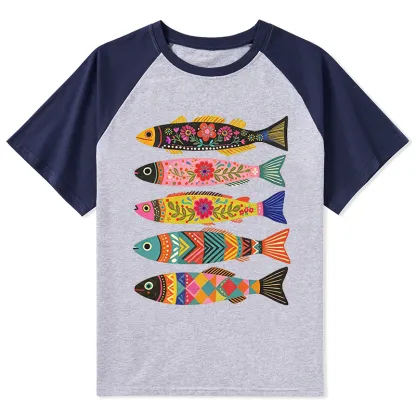 Tokyo-Tiger Colorful Patterned Fish Raglan T-shirt