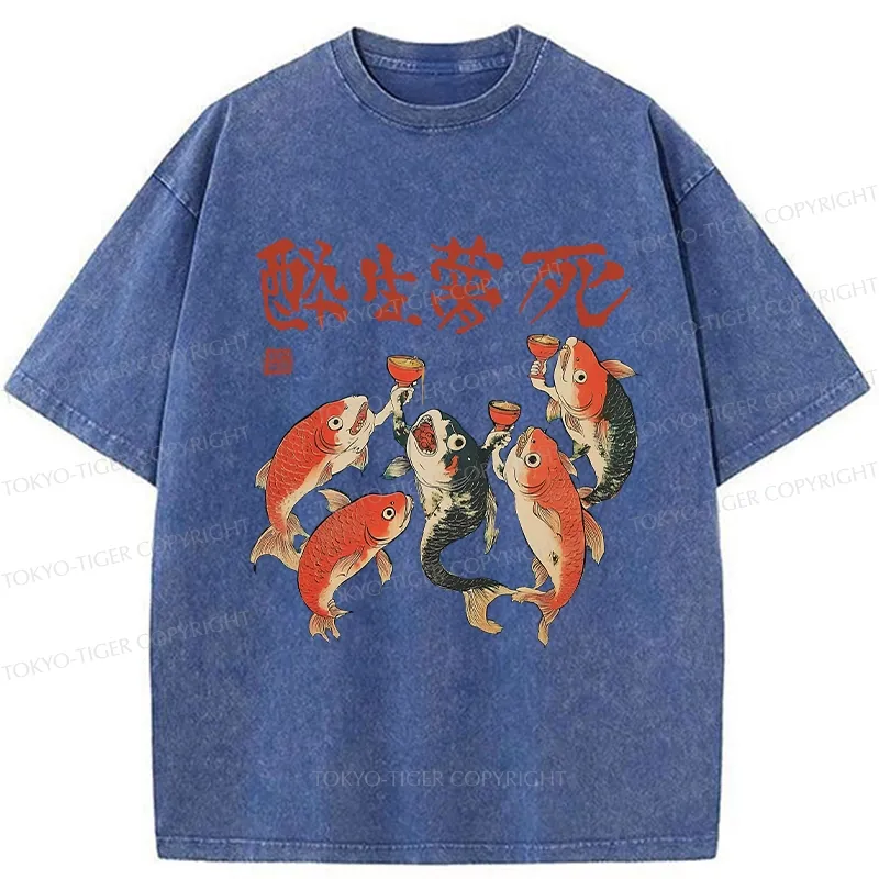 Tokyo-Tiger Funny Fish Drink Together Washed T-Shirt