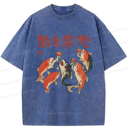 Tokyo-Tiger Funny Fish Drink Together Washed T-Shirt
