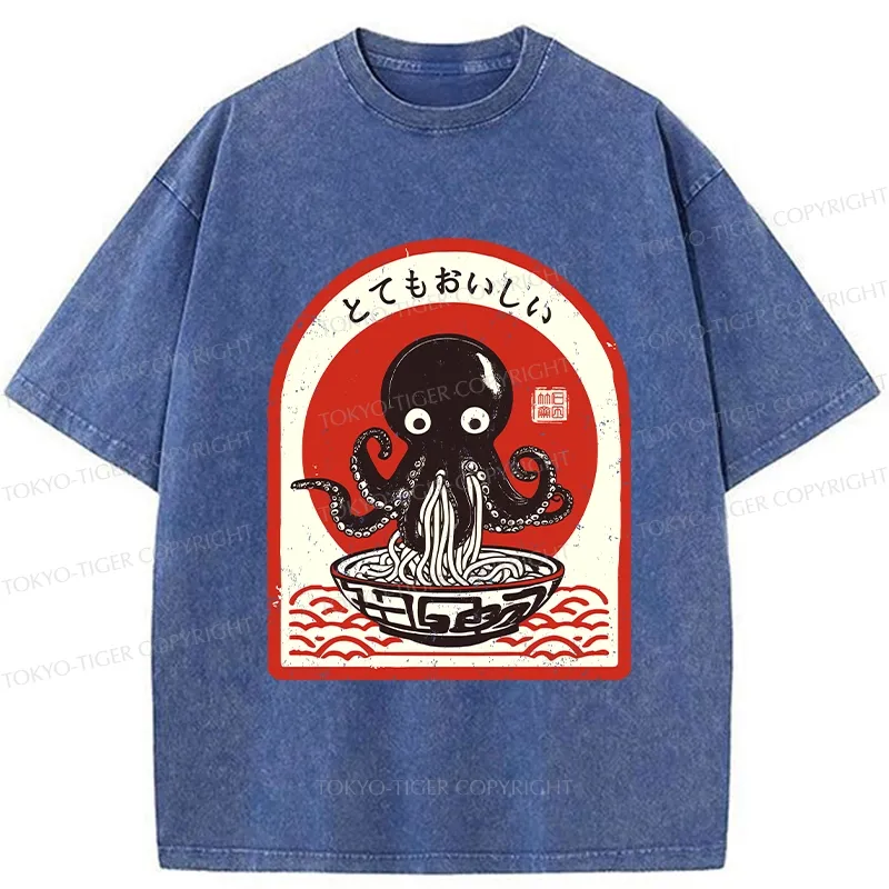 Tokyo-Tiger Ramen Lover Octopus Washed T-Shirt
