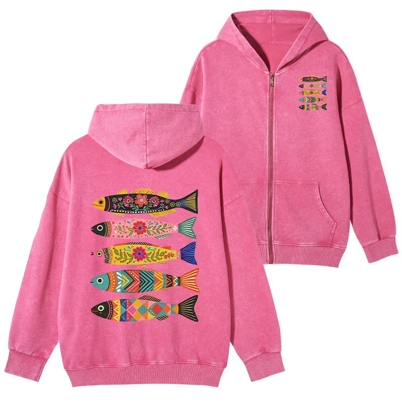 Tokyo-Tiger Colorful Patterned Fish Washed Zip Hoodie