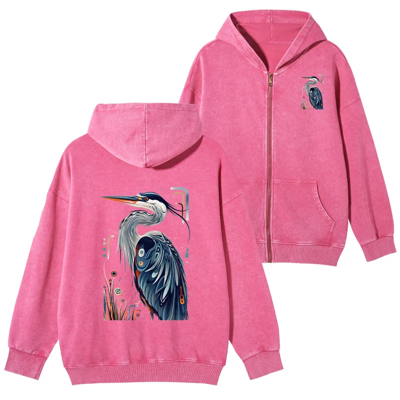Tokyo-Tiger Stylish Blue Heron Washed Zip Hoodie