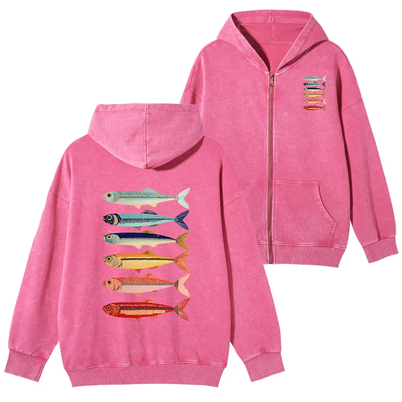 Tokyo-Tiger Colorful Fish Stack Washed Zip Hoodie