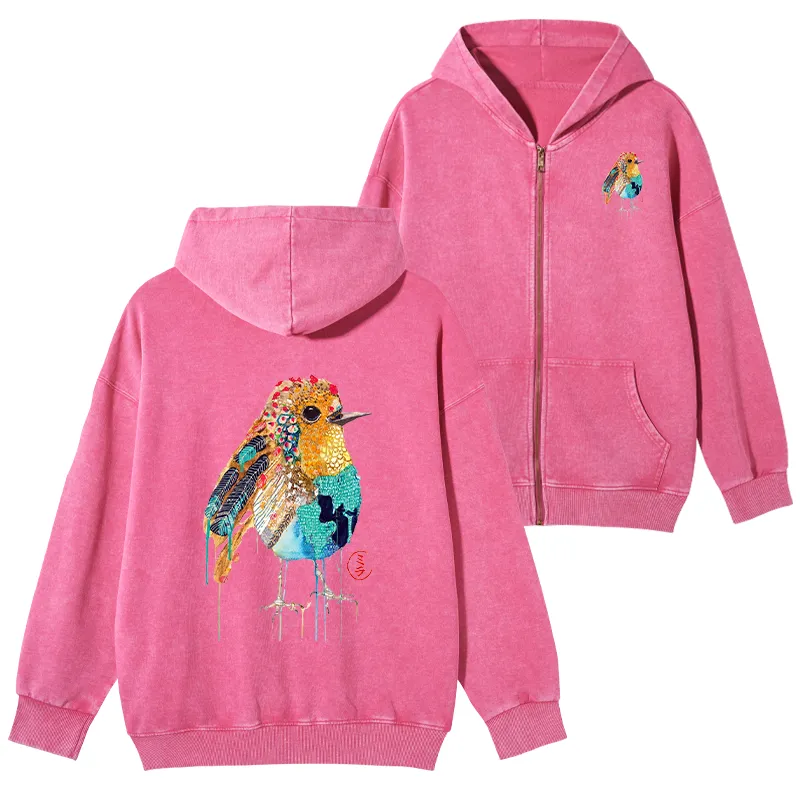 Tokyo-Tiger Sparkly Wild Bird Washed Zip Hoodie