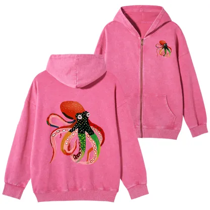 Tokyo-Tiger Colorful Octopus Art Washed Zip Hoodie