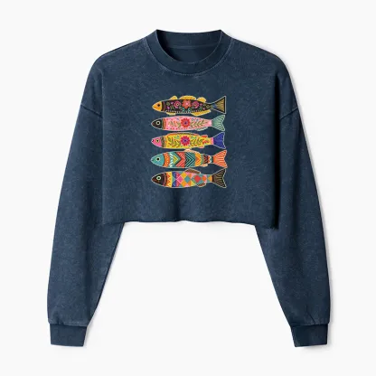 Tokyo-Tiger Colorful Patterned Fish Washed Crop Sweatshirt