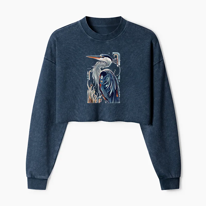 Tokyo-Tiger Stylish Blue Heron Washed Crop Sweatshirt