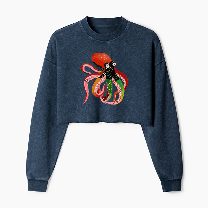 Tokyo-Tiger Colorful Octopus Art Washed Crop Sweatshirt