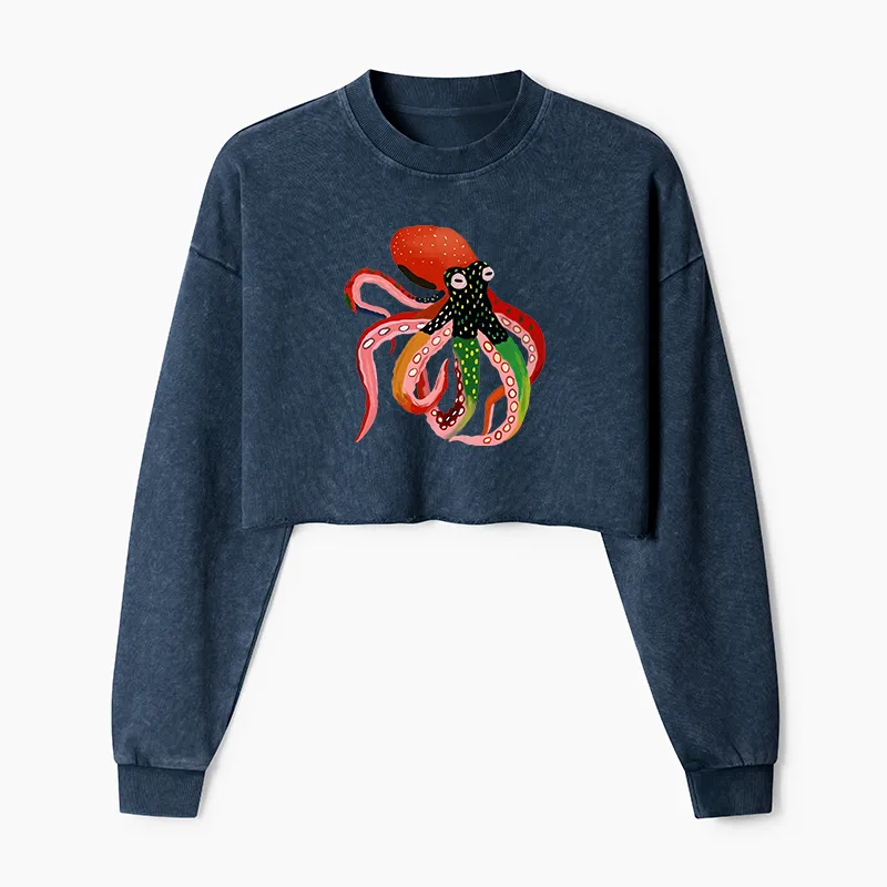 Tokyo-Tiger Colorful Octopus Art Washed Crop Sweatshirt