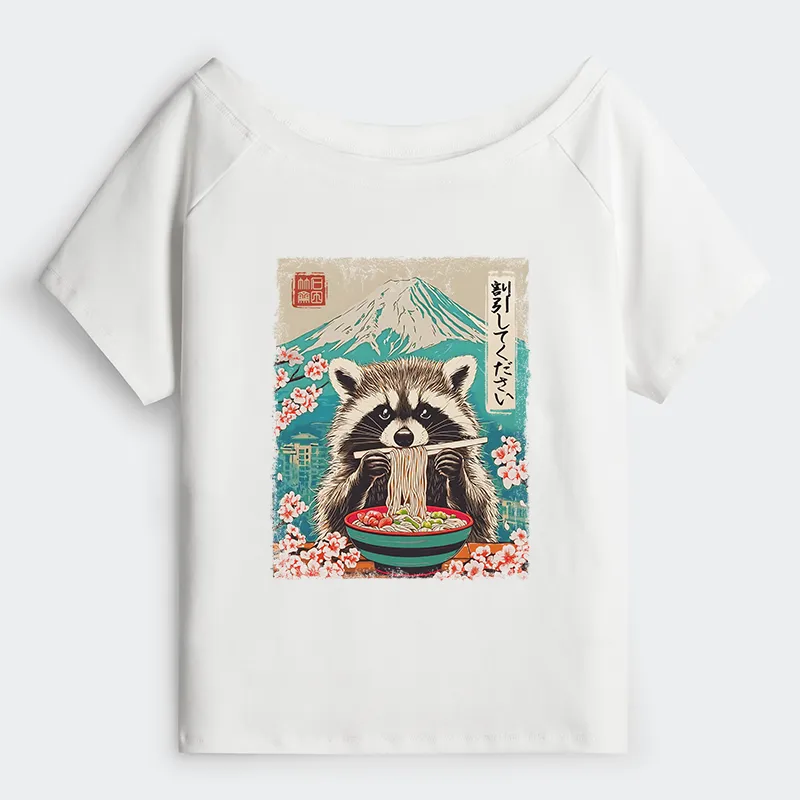 Tokyo-Tiger Please Give Raccoon A Discount Off Shoulder T-Shirt