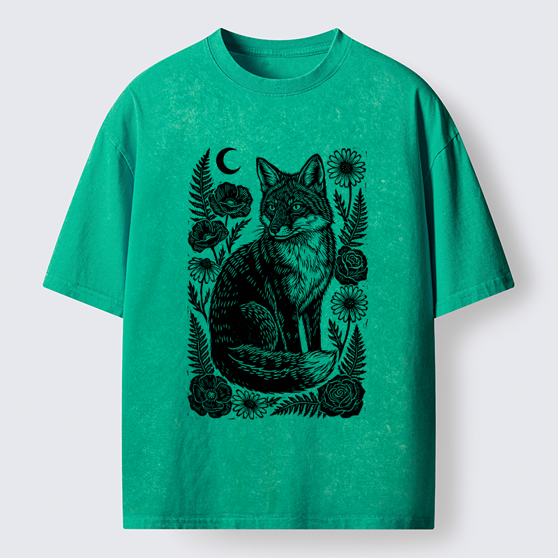Tokyo‑Tiger Wild Fox Floral Vibe Washed T‑Shirt