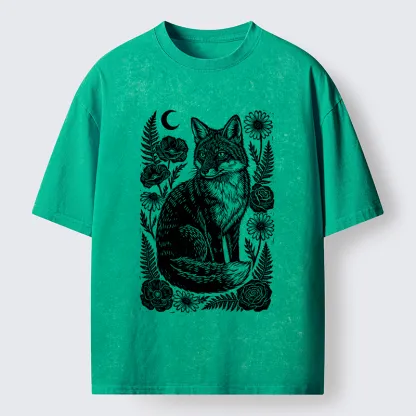 Tokyo‑Tiger Wild Fox Floral Vibe Washed T‑Shirt