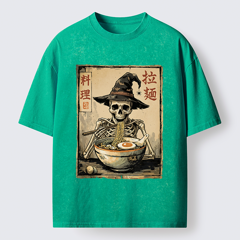 Tokyo‑Tiger Skeleton Ramen Meme Washed T‑Shirt