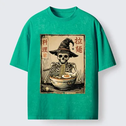 Tokyo‑Tiger Skeleton Ramen Meme Washed T‑Shirt