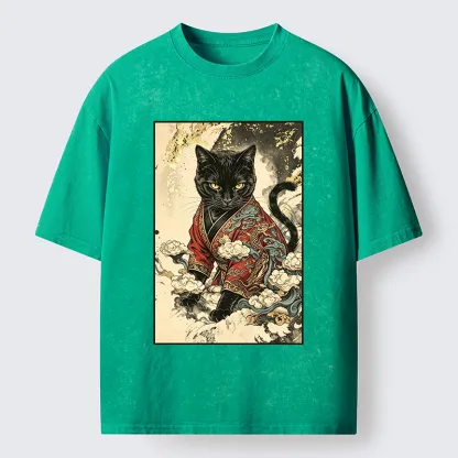 Tokyo‑Tiger Traditional Robe Cat Art Washed T‑Shirt
