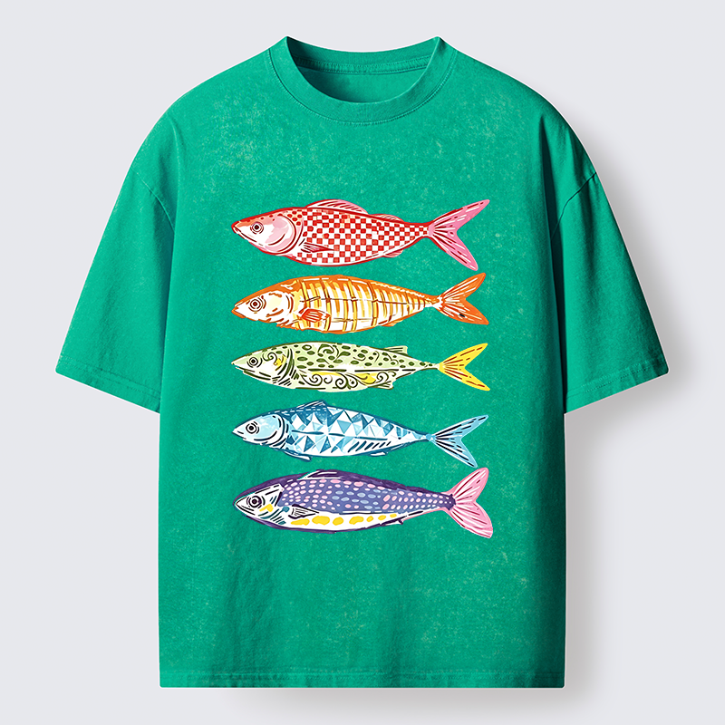 Tokyo‑Tiger Colorful Multi Pattern Fish Washed T‑Shirt