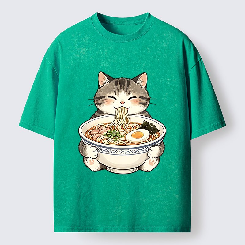 Tokyo‑Tiger Funny Cat Ramen Meme Washed T‑Shirt