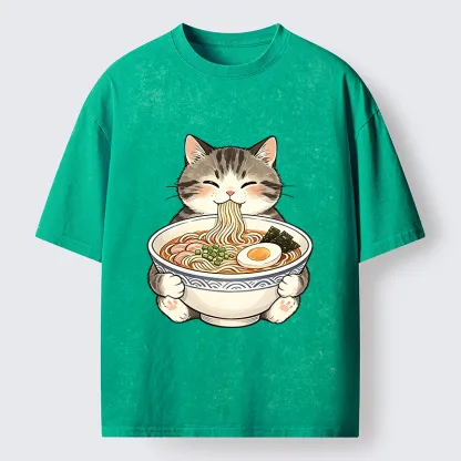 Tokyo‑Tiger Funny Cat Ramen Meme Washed T‑Shirt