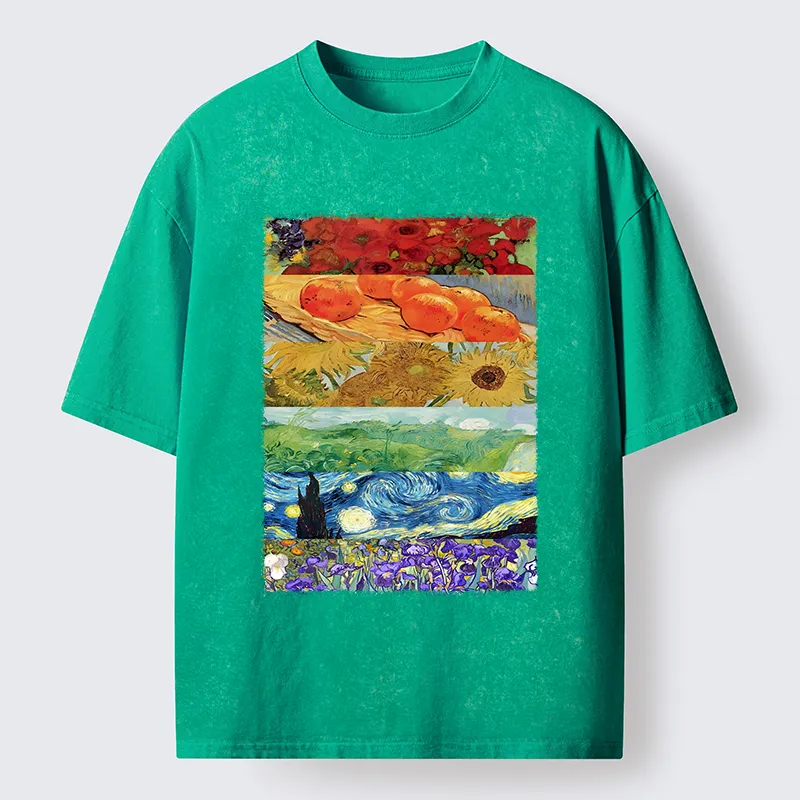 Tokyo‑Tiger Van Gogh Floral Scene Art Washed T‑Shirt