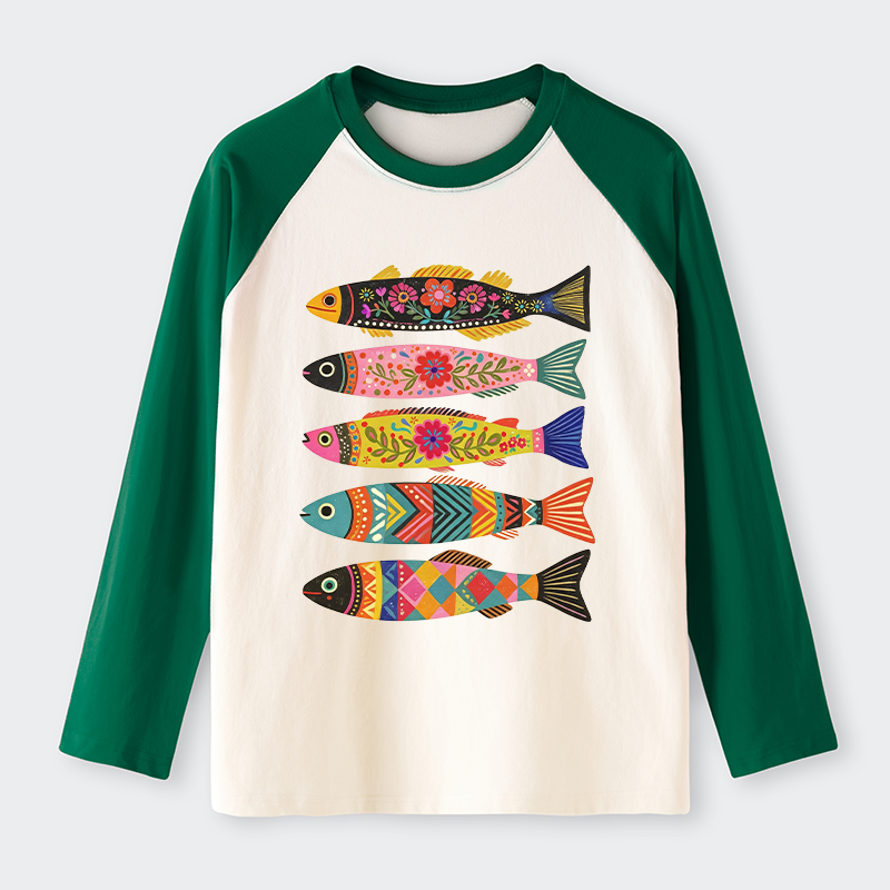 Tokyo-Tiger Colorful Patterned Fish Raglan Long Sleeve T-shirt