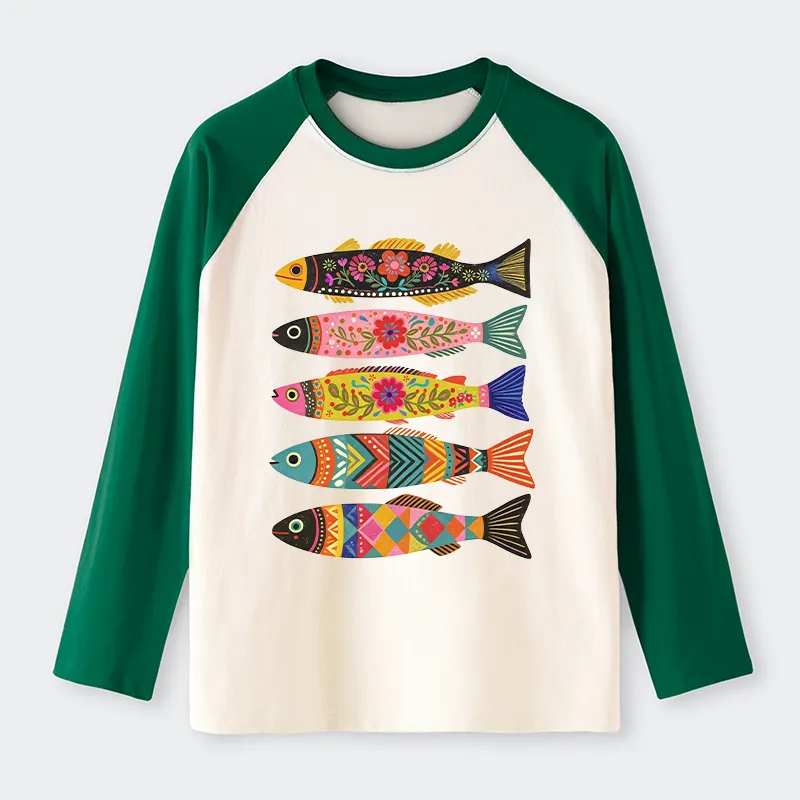 Tokyo-Tiger Colorful Patterned Fish Raglan Long Sleeve T-shirt
