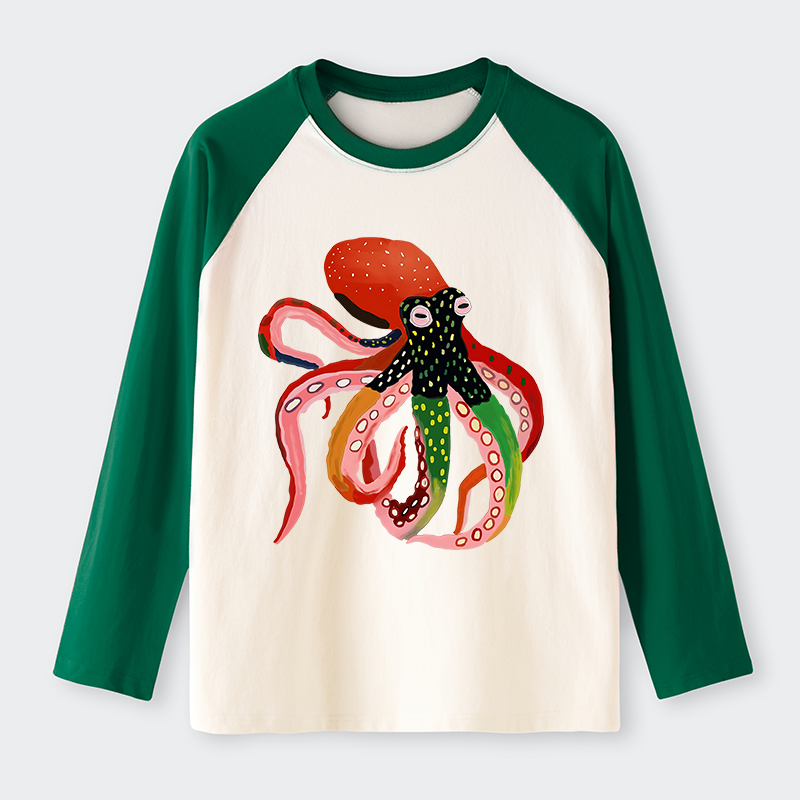 Tokyo-Tiger Colorful Octopus Art Raglan Long Sleeve T-shirt