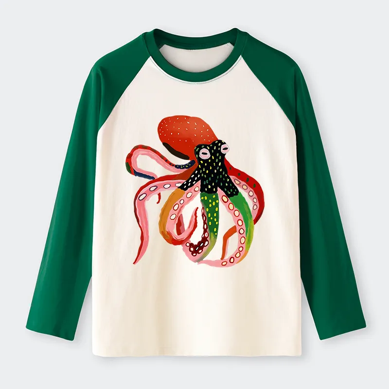 Tokyo-Tiger Colorful Octopus Art Raglan Long Sleeve T-shirt