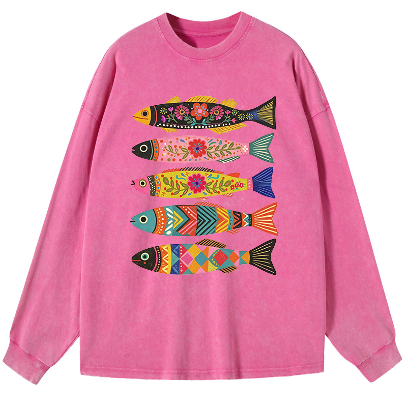 Tokyo-Tiger Colorful Patterned Fish Washed Long Sleeve T-Shirt