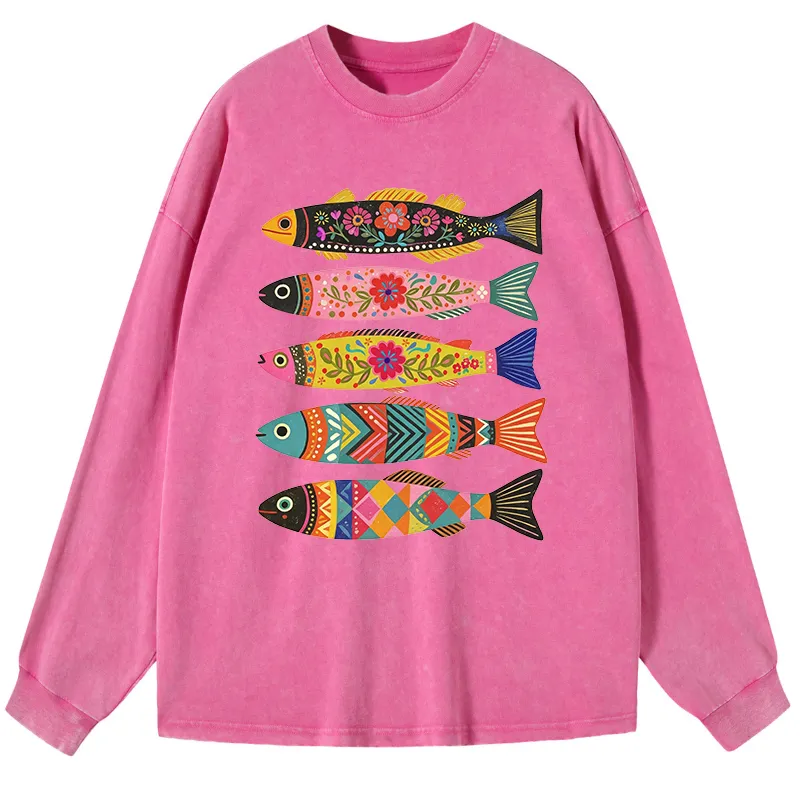 Tokyo-Tiger Colorful Patterned Fish Washed Long Sleeve T-Shirt