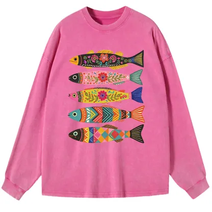 Tokyo-Tiger Colorful Patterned Fish Washed Long Sleeve T-Shirt