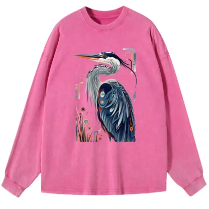 Tokyo-Tiger Stylish Blue Heron Washed Long Sleeve T-Shirt