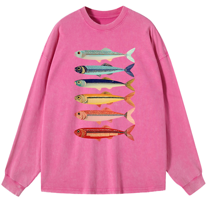 Tokyo-Tiger Colorful Fish Stack Washed Long Sleeve T-Shirt