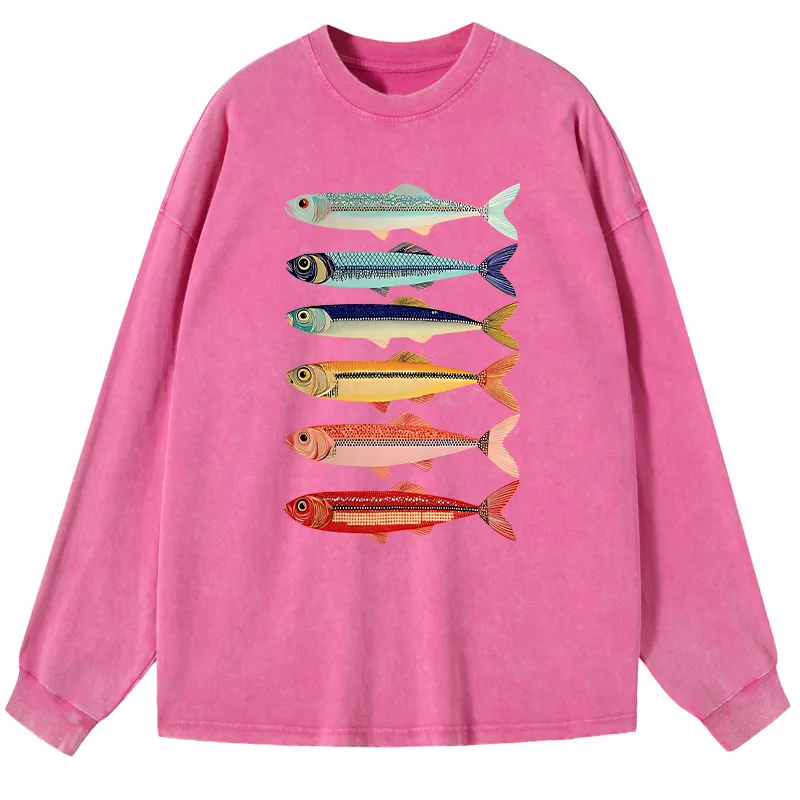 Tokyo-Tiger Colorful Fish Stack Washed Long Sleeve T-Shirt Sale