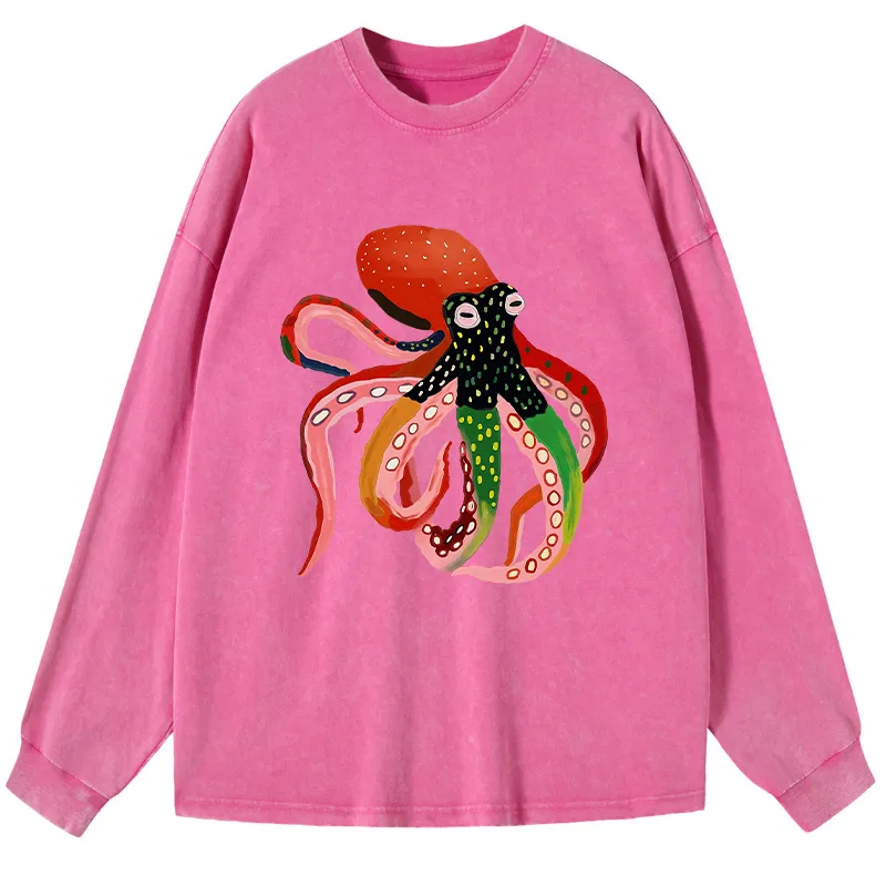 Tokyo-Tiger Colorful Octopus Art Washed Long Sleeve T-Shirt