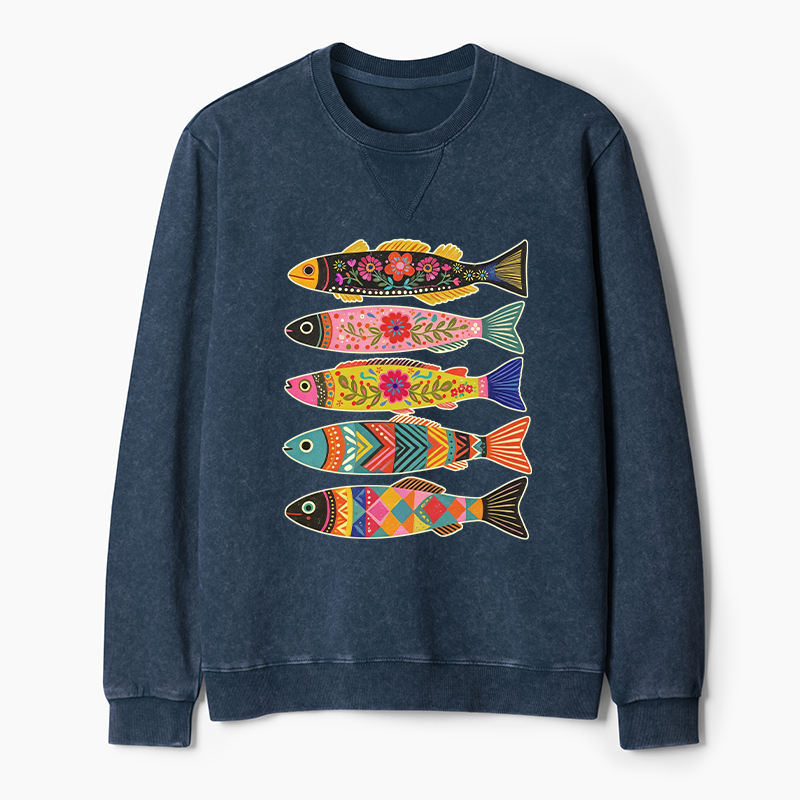 Tokyo-Tiger Colorful Patterned Fish Washed Terry Sweatshirt