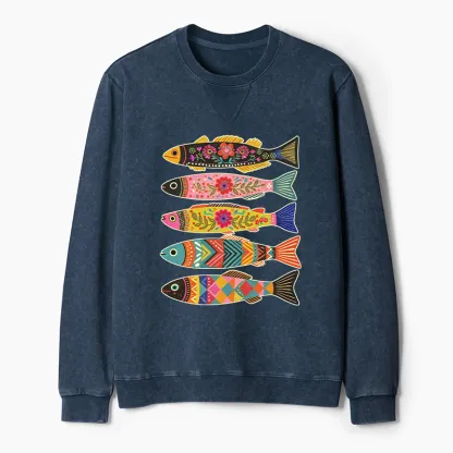 Tokyo-Tiger Colorful Patterned Fish Washed Terry Sweatshirt