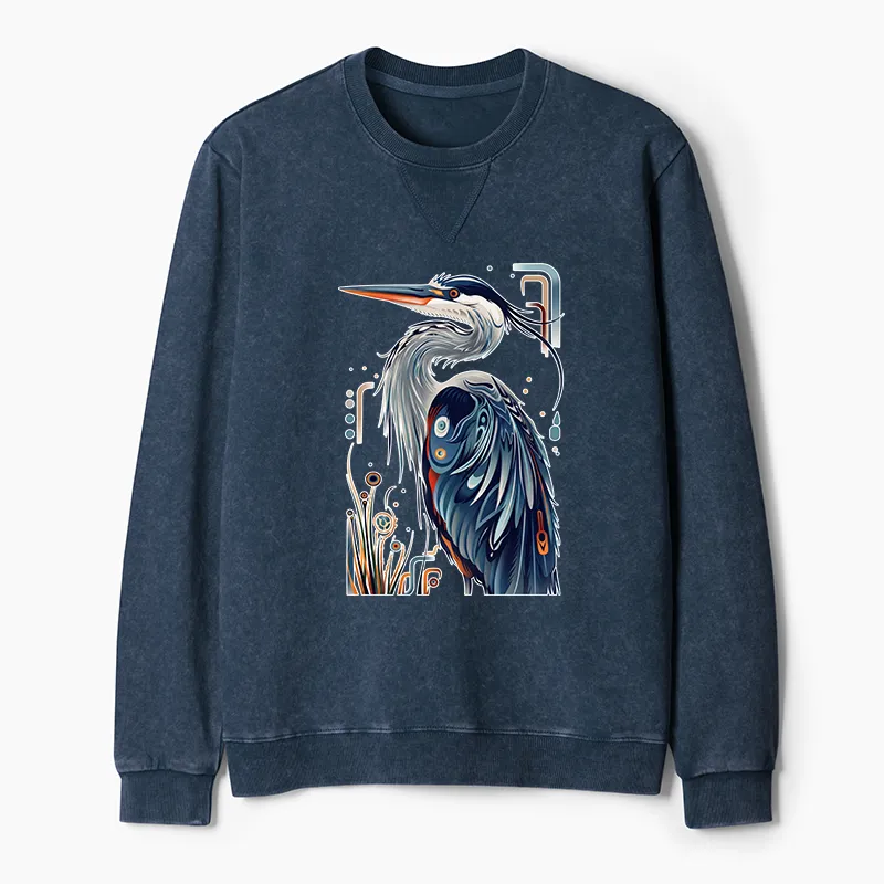 Tokyo-Tiger Stylish Blue Heron Washed Terry Sweatshirt