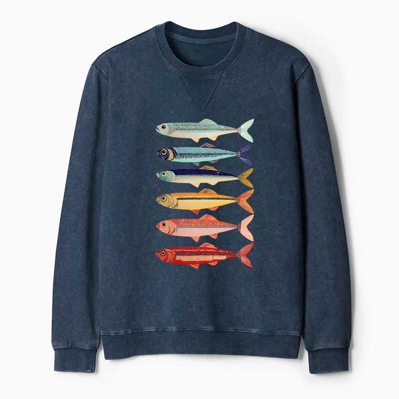 Tokyo-Tiger Colorful Fish Stack Washed Terry Sweatshirt