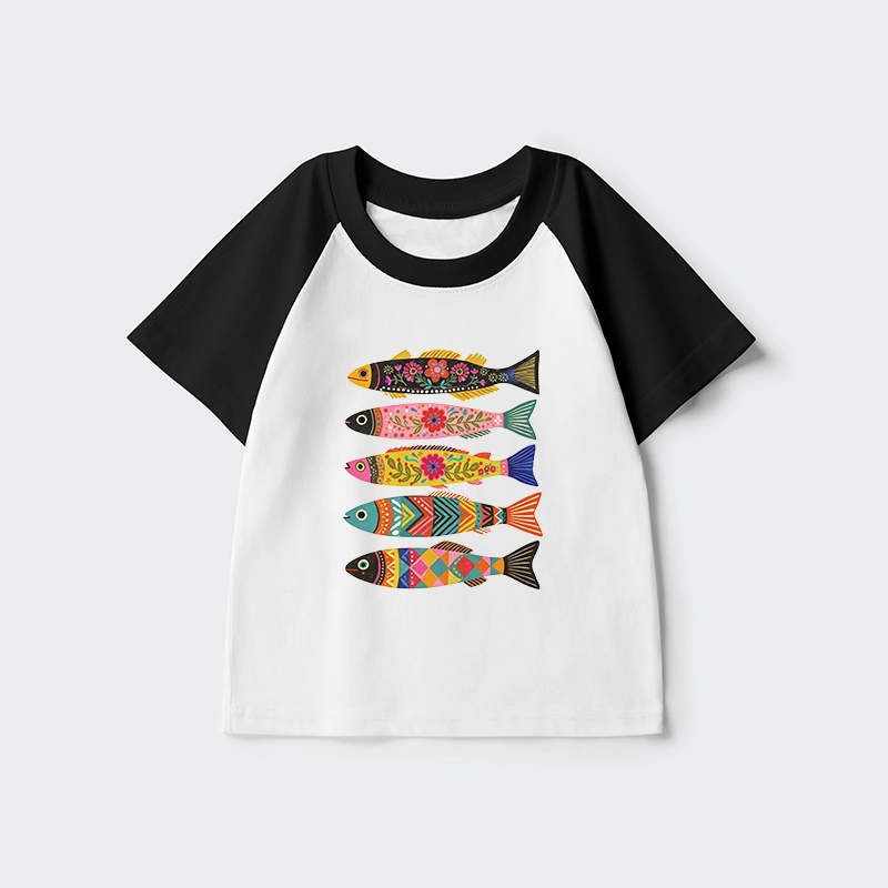 Tokyo-Tiger Colorful Patterned Fish Kids Raglan T-shirt