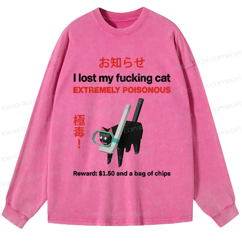 Tokyo-Tiger Find The Toxic Cat Funny Washed Long Sleeve T-Shirt