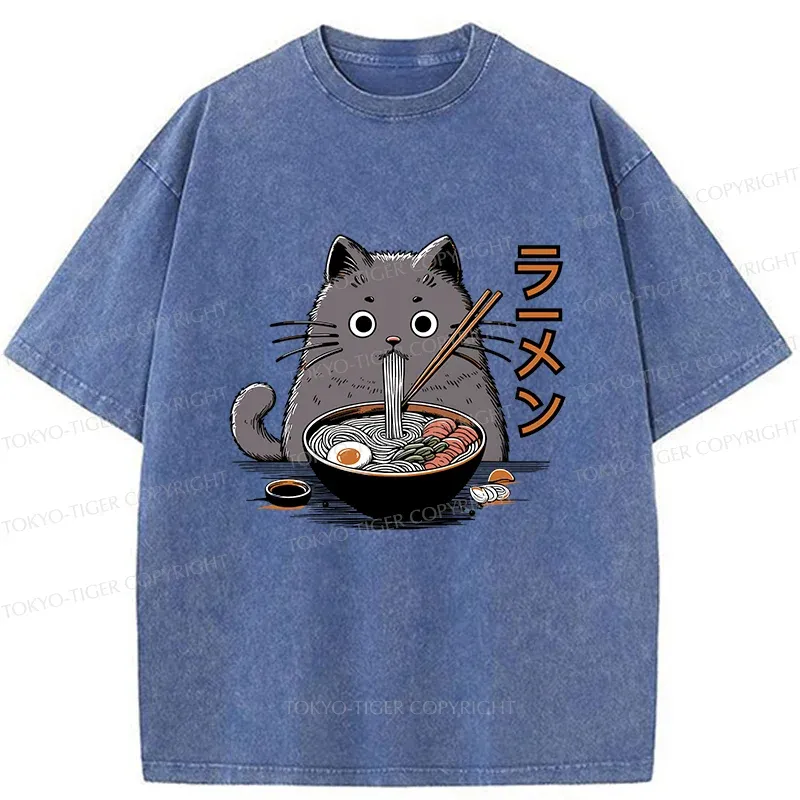 Tokyo-Tiger Kawaii Cat Ramen Washed T-Shirt