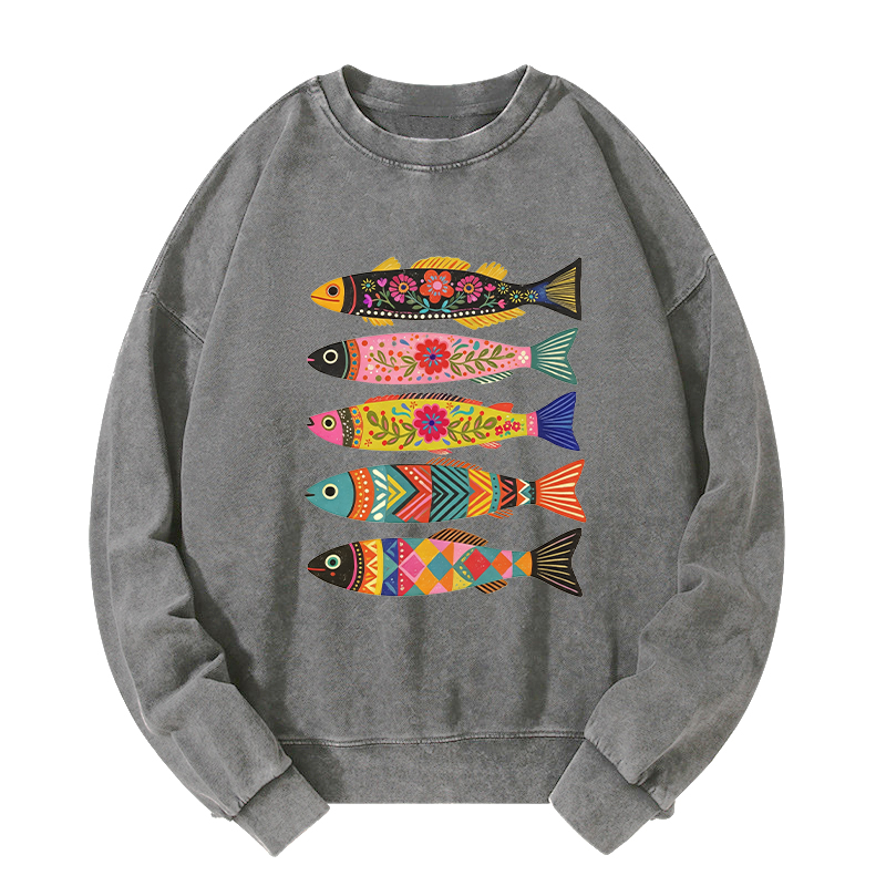 Tokyo-Tiger Colorful Patterned Fish Washed Sweatshirt