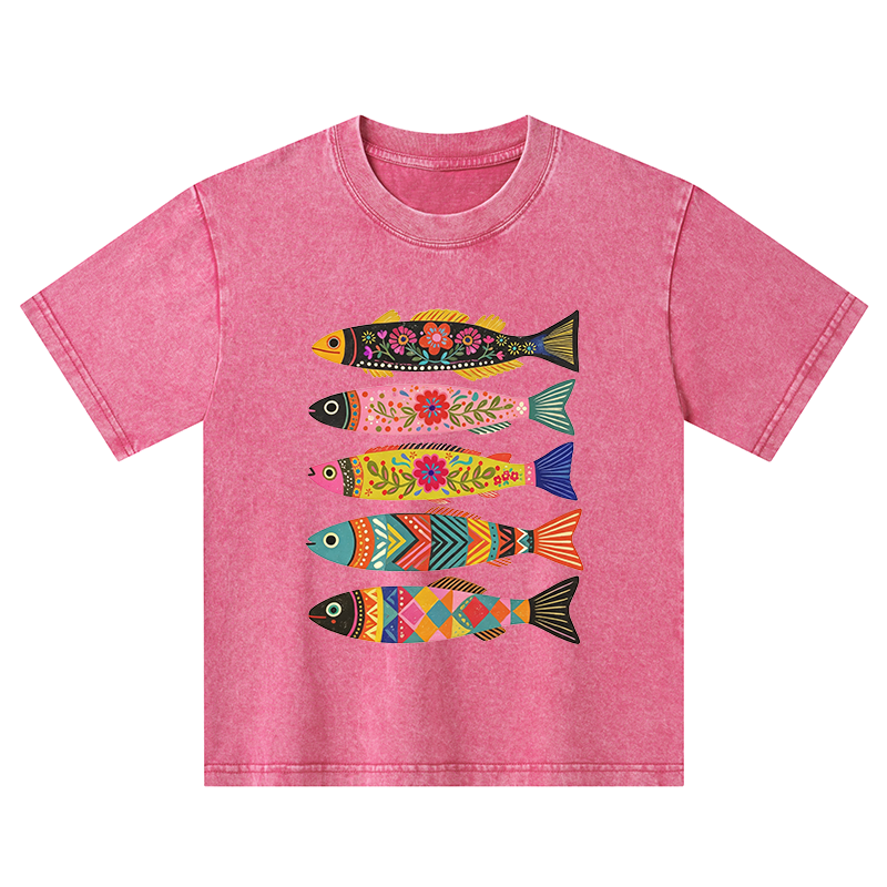 Tokyo-Tiger Colorful Patterned Fish Kids Washed T-Shirt